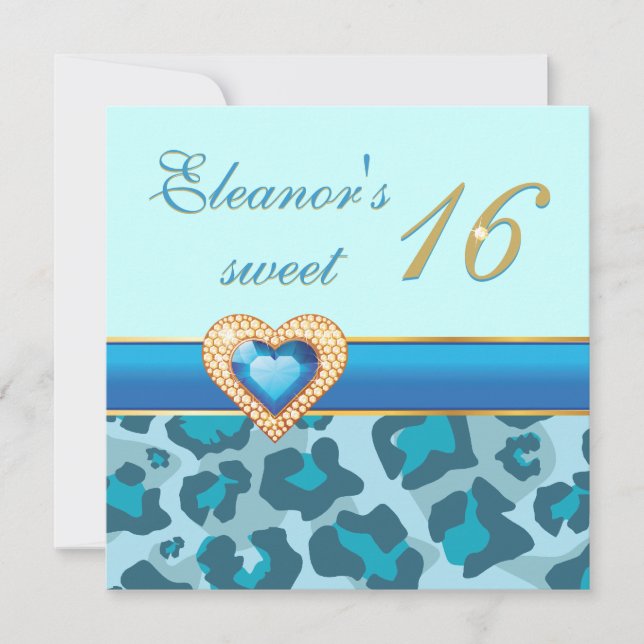 Invitation Sweet sixteen leopard bleu joyau coeur anniversair (Devant)