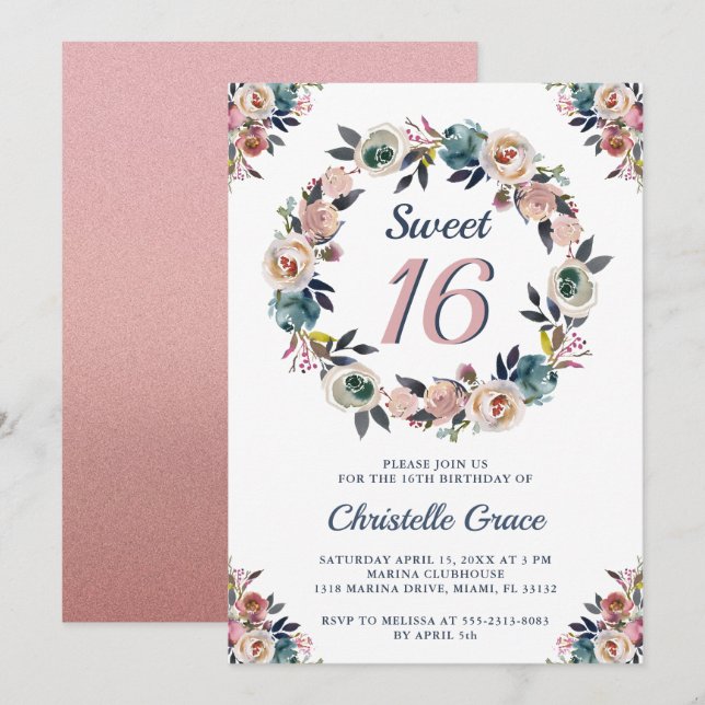 Invitation Sweet sixteen Marine Fille rose 16ème anniversaire (Devant / Derrière)
