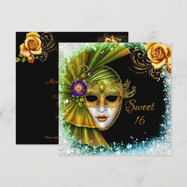 Invitation Sweet sixteen Mascarade Mardi Gras Gold Green (Devant / Derrière)