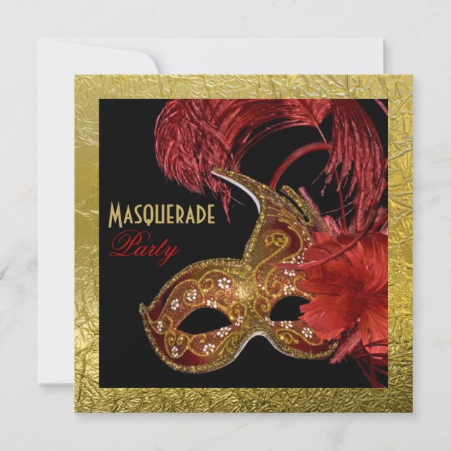 Invitation Sweet sixteen mascarade rouge, fausse feuille d'or (Devant)