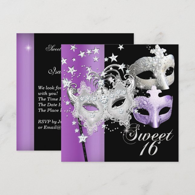 Invitation Sweet sixteen mascarade sucré 16 Lilac noir (Devant / Derrière)
