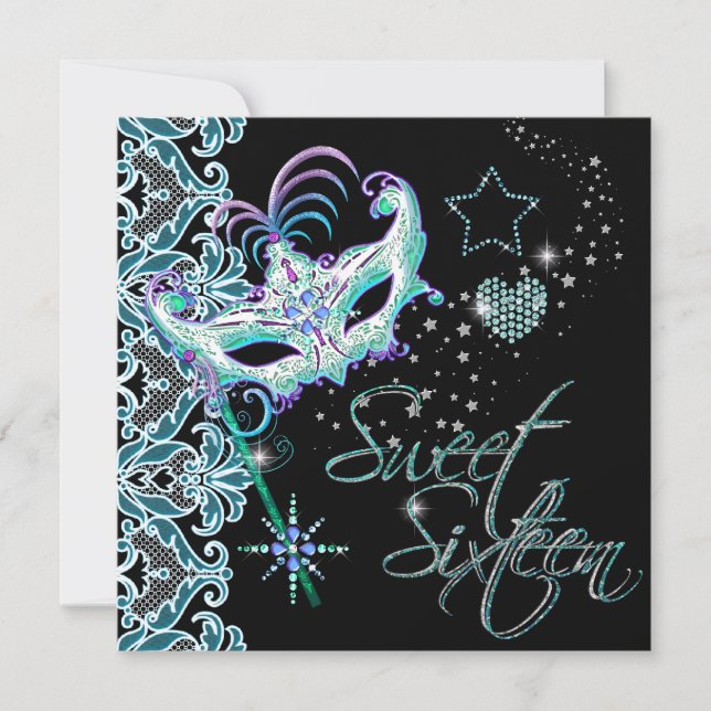 Invitation Sweet sixteen mascarade sucré 16 Turquoise noir (Devant)