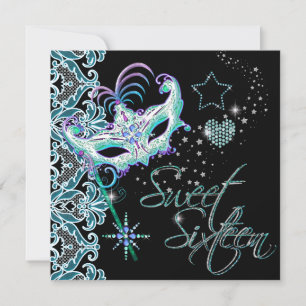 Invitation Sweet sixteen mascarade sucré 16 Turquoise noir