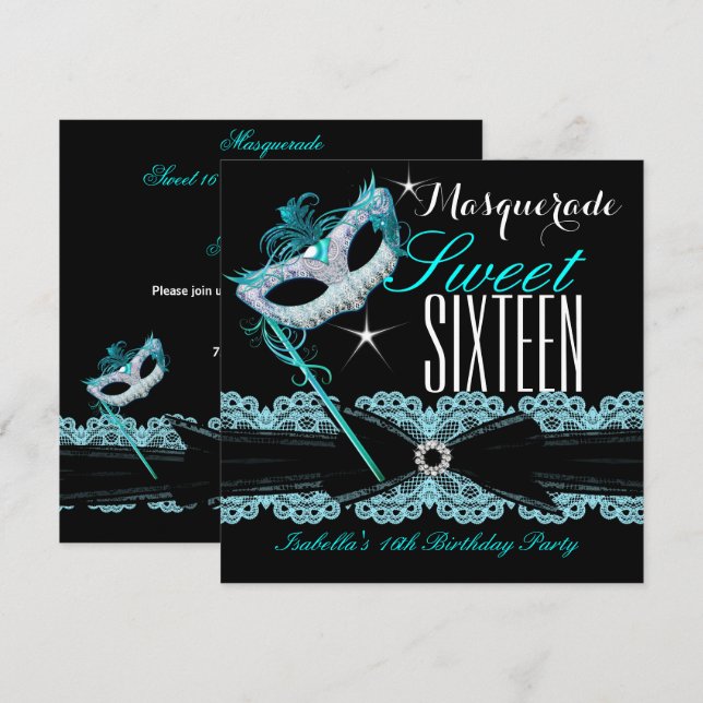 Invitation Sweet sixteen mascarade Sweet 16 Turquoise bleu (Devant / Derrière)