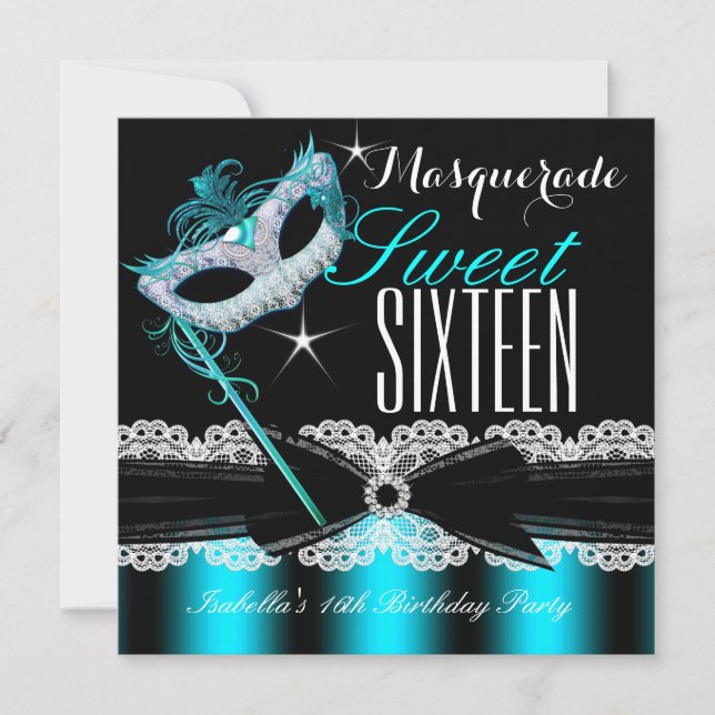 Invitation Sweet sixteen mascarade Sweet 16 Turquoise Bleu 2 (Devant)
