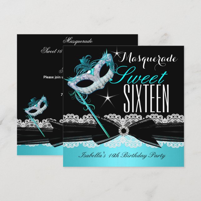 Invitation Sweet sixteen mascarade Sweet 16 Turquoise Bleu 3 (Devant / Derrière)