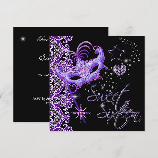 Invitation Sweet sixteen mascarade Sweet 16 violet noir (Devant / Derrière)