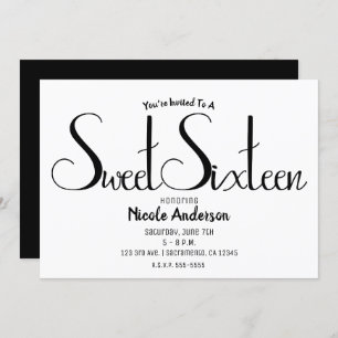 Invitation Sweet sixteen minimaliste moderne à script noir 16