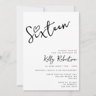 Invitation Sweet sixteen minimaliste noir blanc du coeur