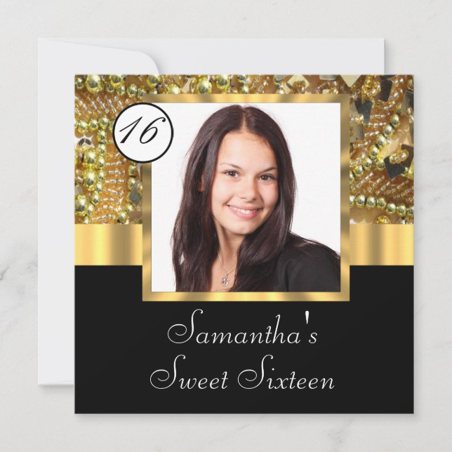 Invitation Sweet sixteen modèle photo noir et or (Devant)