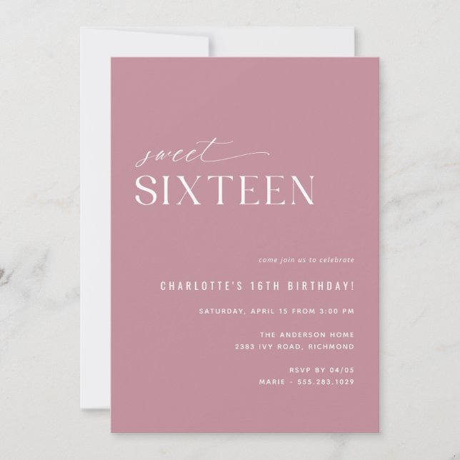 Invitation Sweet sixteen moderne Dusty Rose rose 16e annivers (Devant)