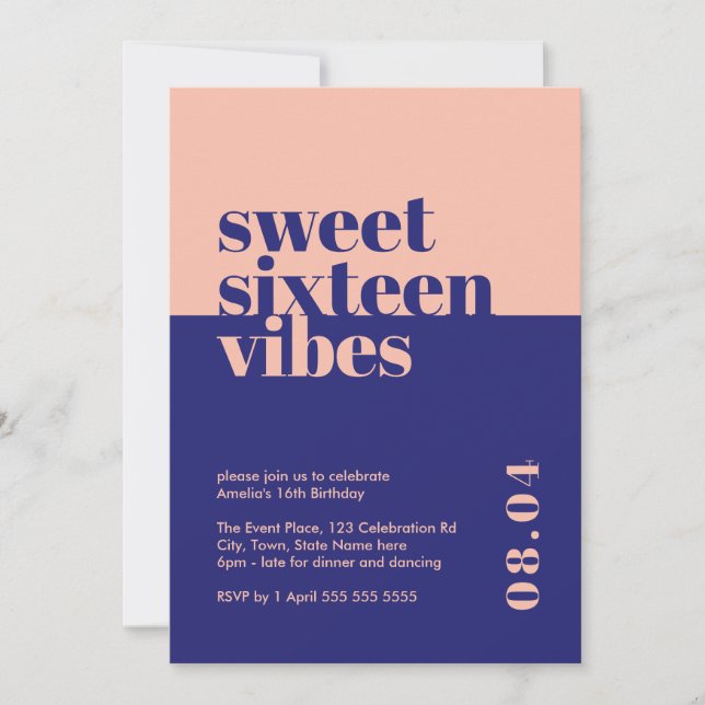 Invitation Sweet sixteen moderne gras Vibes rose Anniversaire (Devant)