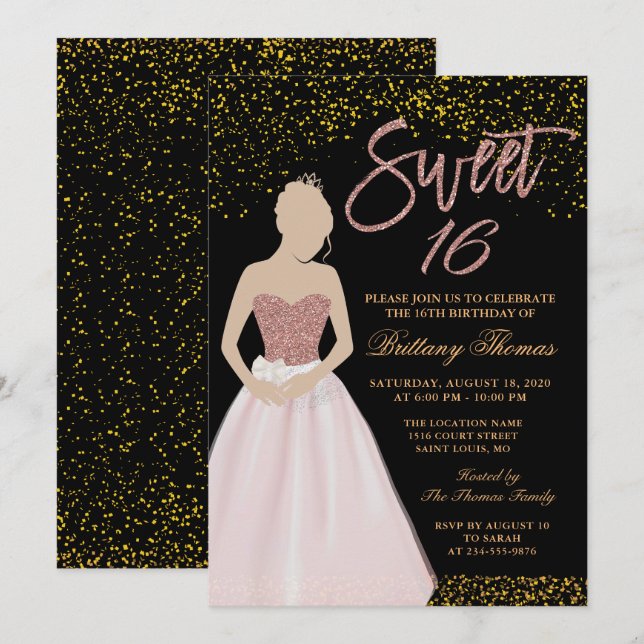Invitation Sweet sixteen moderne noir et or 16 Anniversaire (Devant / Derrière)