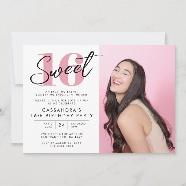 Invitation Sweet sixteen moderne rose avec photo (Devant)