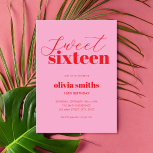 Invitation Sweet sixteen moderne rouge rose 16e anniversaire