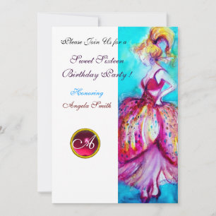 Invitation SWEET SIXTEEN, Monogramme de rubis rose rouge