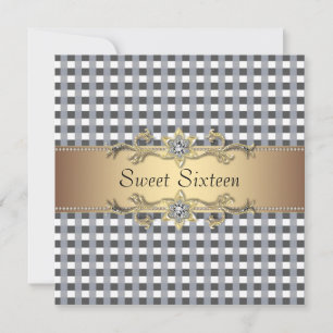 Invitation Sweet Sixteen noir blanc à carreaux or