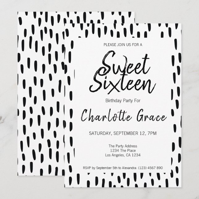 Invitation Sweet sixteen Noir Et Blanc Anniversaire (Devant / Derrière)