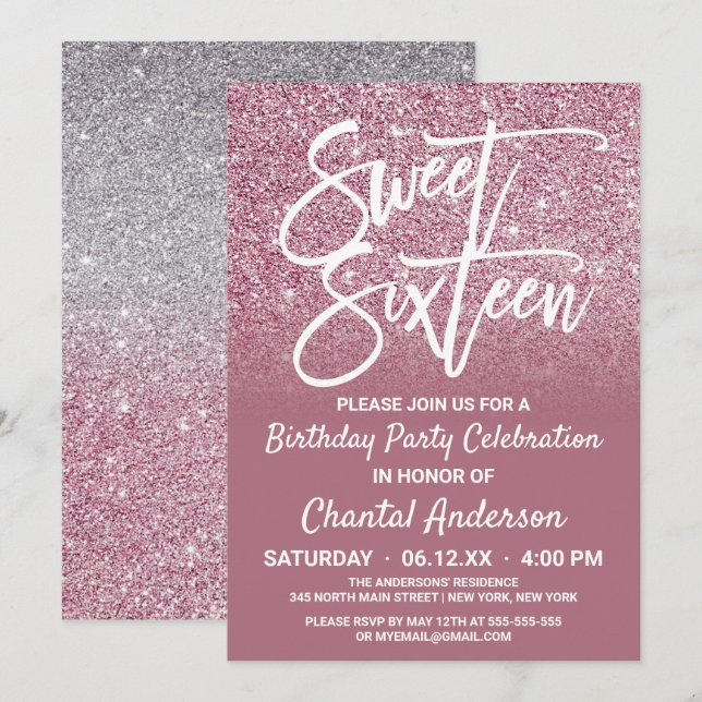 Invitation Sweet sixteen Ombre de Parties scintillant d'argen (Devant / Derrière)