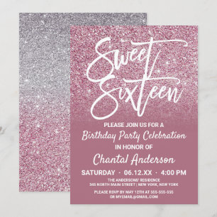Invitation Sweet sixteen Ombre de Parties scintillant d'argen