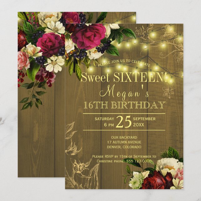 Invitation Sweet sixteen or lumières bois floral automne auto (Devant / Derrière)