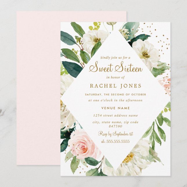Invitation Sweet sixteen or rose floral (Devant / Derrière)