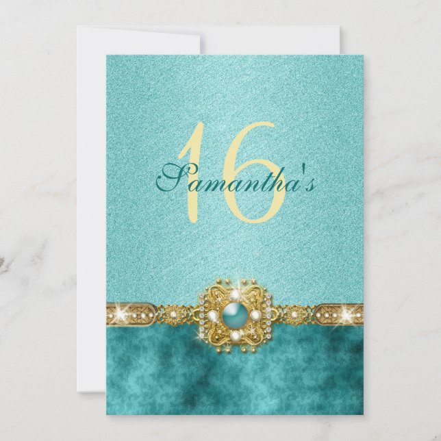 Invitation "sweet sixteen" or turquoise 16 ans (Devant)