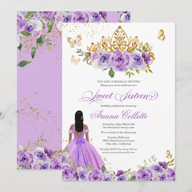 Invitation Sweet sixteen papillon floral pourpre Anniversaire (Devant / Derrière)