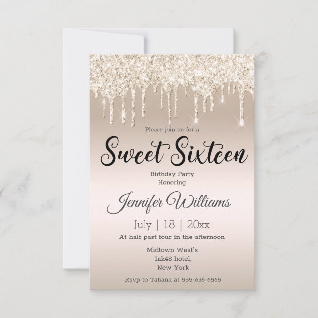 Invitation sweet sixteen parties scintillant à goutte d'or ch (Devant)