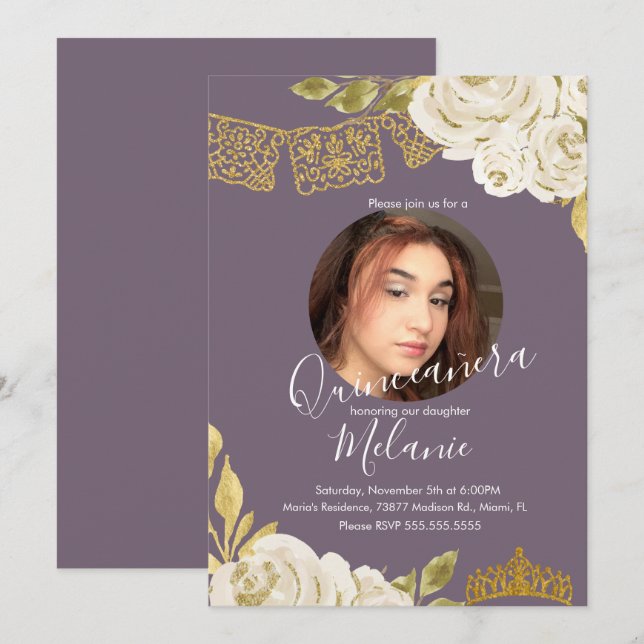 Invitation Sweet sixteen Parties scintillant ivoire Faux Flor (Devant / Derrière)