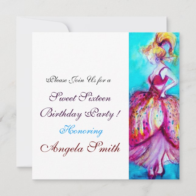 Invitation SWEET SIXTEEN PARTY rouge rose bleu turquase blanc (Devant)