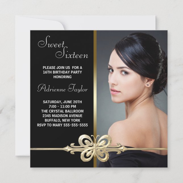 Invitation Sweet sixteen photo Black Gold Butterfly (Devant)