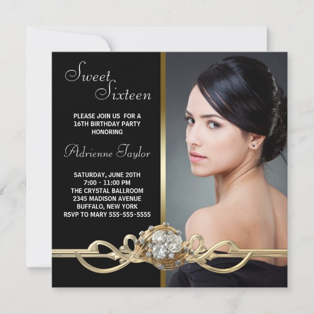 Invitation Sweet sixteen photo Black Gold Diamonds (Devant)