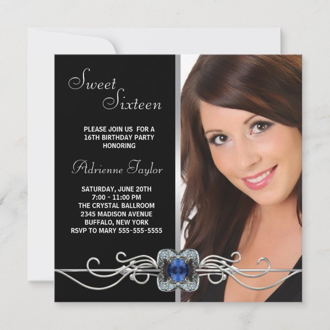 Invitation Sweet sixteen photo noir Diamond Argent (Devant)