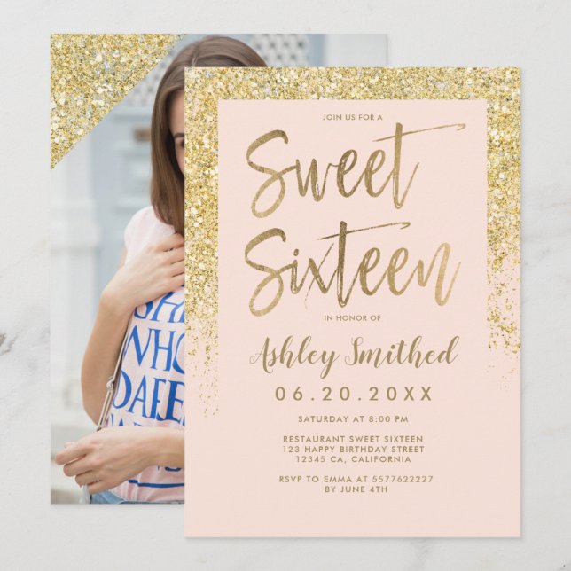 Invitation sweet sixteen photo rose brillant de la parties sc (Devant / Derrière)
