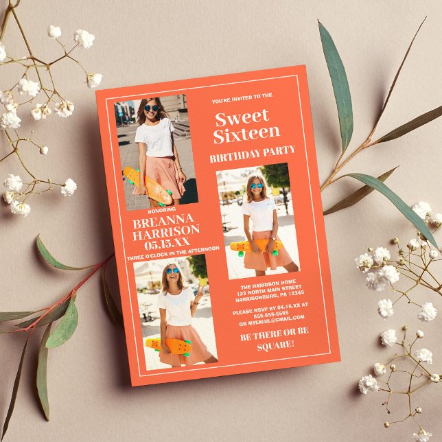 Invitation Sweet sixteen photo simple orange moderne (Modern Simple Orange White Photo Sweet Sixteen )