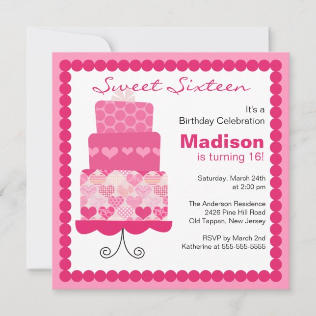 Invitation Sweet sixteen Pink Hearts Cake Anniversaire Invita (Devant)