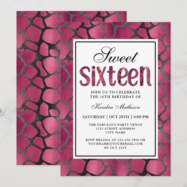 Invitation Sweet sixteen Poster de animal rose chaud fête d'a (Devant / Derrière)