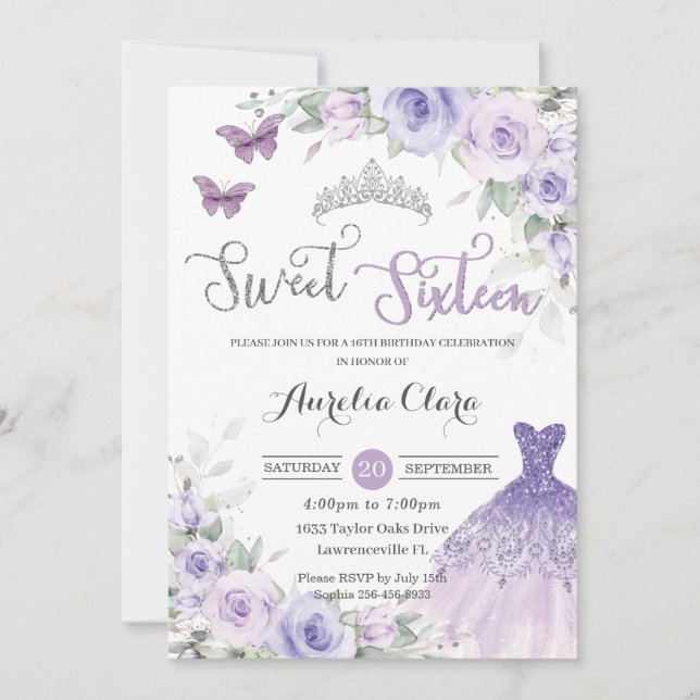 Invitation Sweet sixteen Purple Floral 16e Anniversaire Robe (Devant)