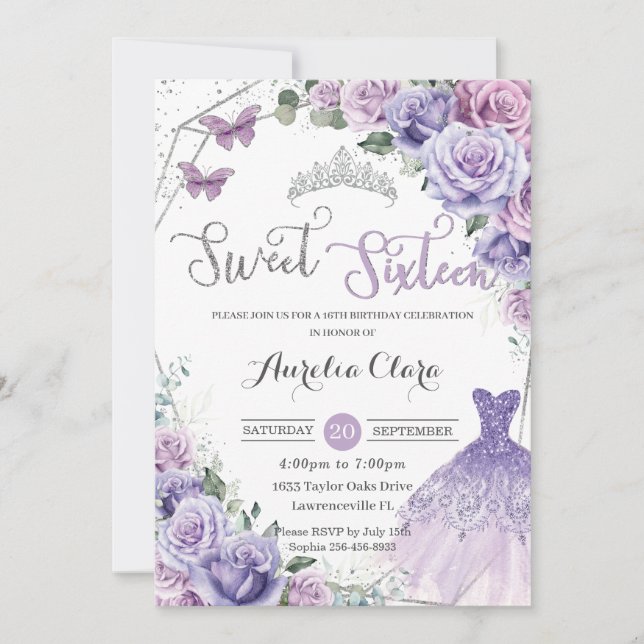 Invitation Sweet sixteen Purple Floral 16e Anniversaire Robe (Devant)