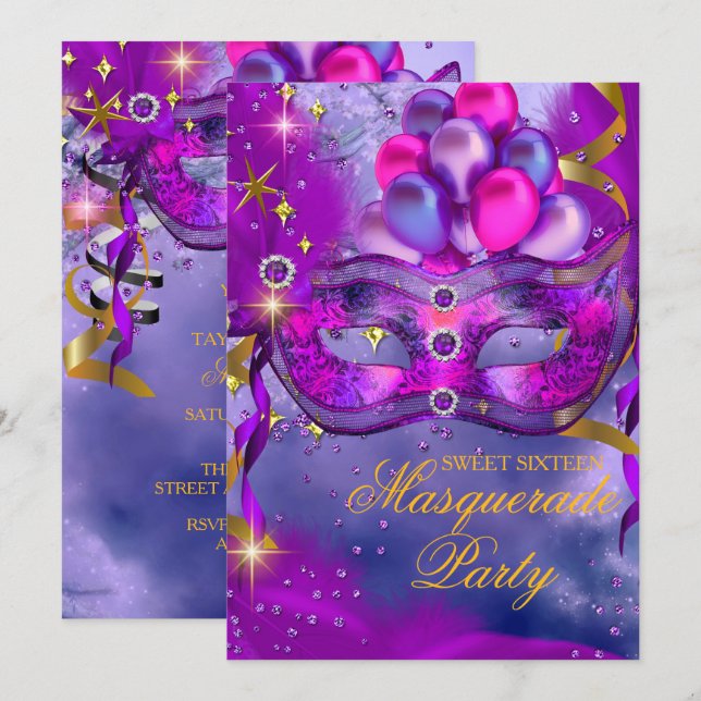 Invitation Sweet sixteen Purple Gold Blue Masquerade (Devant / Derrière)