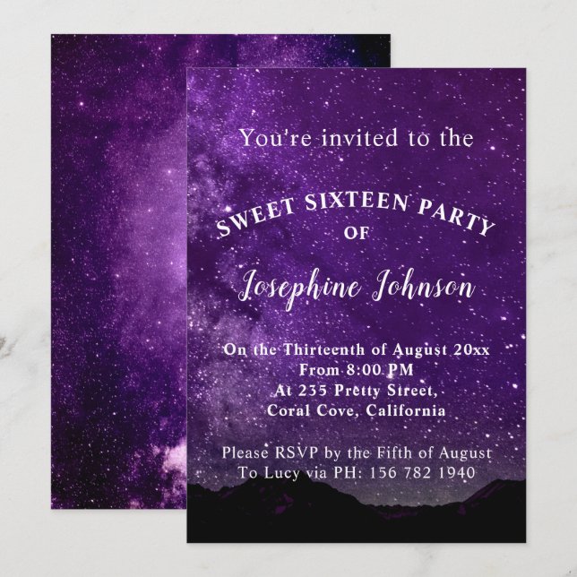 Invitation Sweet sixteen Purple Stars Parties scintillant Inv (Devant / Derrière)