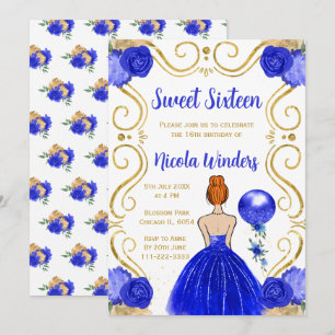 Invitation Sweet sixteen Red Hair Princesse en Royal Blue