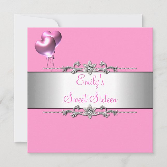 Invitation Sweet sixteen rose Ballons d'argent fête d'anniver (Devant)