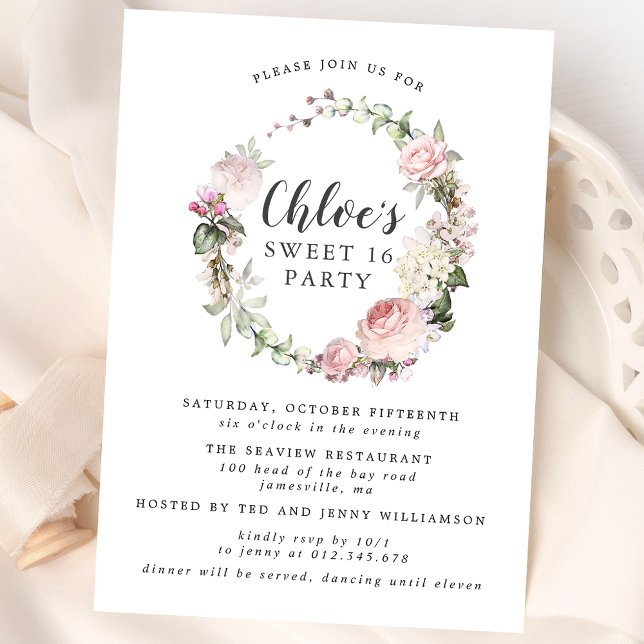 Invitation Sweet sixteen rose blanc fleuri (Créateur téléchargé)