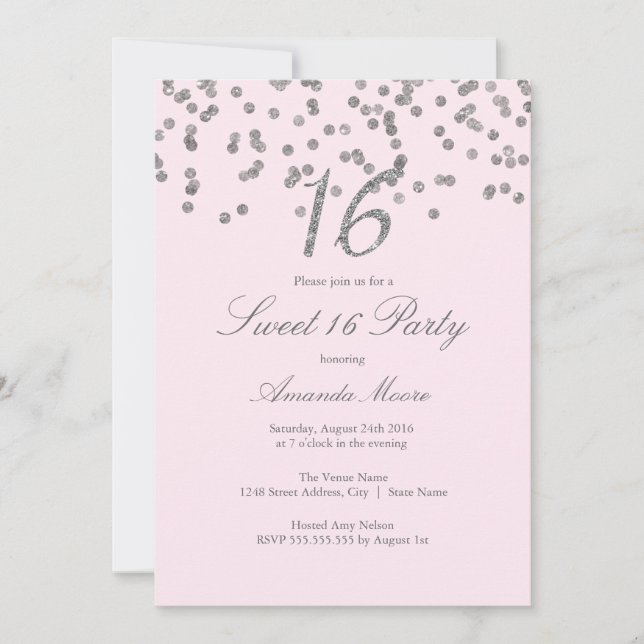Invitation Sweet sixteen rose Confetti Argent (Devant)