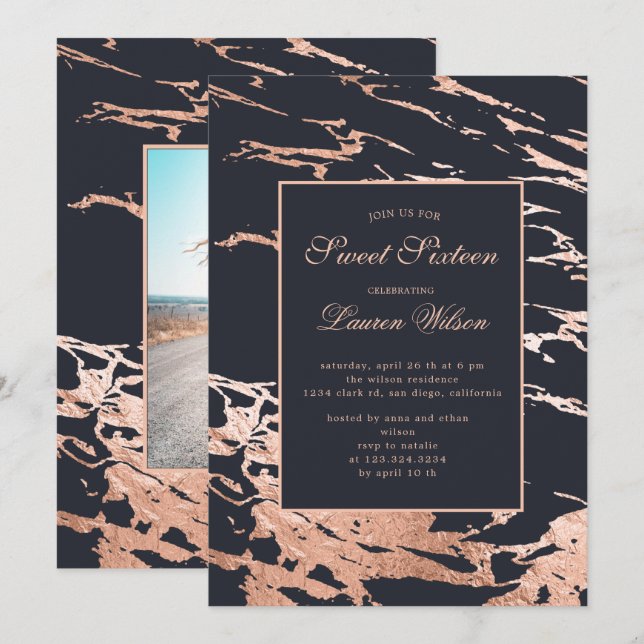 Invitation Sweet sixteen rose en marbre d'or faux (Devant / Derrière)