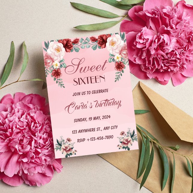 Invitation Sweet sixteen rose Floral Élégante fête d'annivers (Créateur téléchargé)
