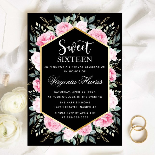 Invitation Sweet sixteen rose floral noir 16 Anniversaire (Créateur téléchargé)