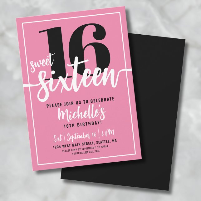 Invitation Sweet sixteen rose moderne 16e fête d'anniversaire (Modern Chic Pink Sweet Sixteen 16th Birthday Party Invitation)